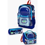 Coral High 3'lü Saks Mavi Astronot Desenli Dört Bölmeli Unisex Okul Çantası 600 gr