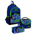Coral High Erkek Uc Bolmeli Okul Sirt Cantasi Beslenme Cantasi Ve Kalemlik Seti Mavi Yesil Dragon