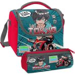 Coral High Gri Nefti Anime Motorsiklet Desenli Erkek Çocuk Isı Yalıtımlı Beslenme Çantası ve Kalemlik Seti - Kırmızı - Yeşil