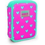 Coral High Kalem Kutusu Neon Pembe Su Yeşili Kalp Desenli Çift Katlı PVC Malzeme