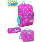 Coral High Kalp Desenli 3'lü Okul Çantası Seti, Neon Pembe, Su Yeşili