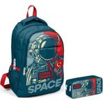 Coral High Kids Çivit Kırmızı Astronot Desenli Üç Bölmeli Okul Sırt Çantası ve Iki Bölmeli Kalem Çantası