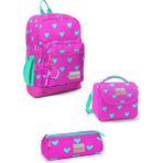Coral High Kids Kalp Desenli Neon Pembe Su Yeşili Dört Bölmeli Okul Sırt Çantası 3SET23113