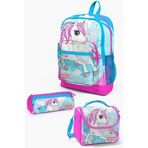 Coral High Kids Mavi Neon Pembe Unicorn Desenli Üç Bölmeli Kalem Çantası
