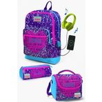 Coral High Kids Mor Mavi Pembe Kalp Desenli Usbli 3’Lu Okul Canta Seti - Kiz Cocuk