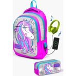 Coral High Kids Pembe Gümüş Simli Unicorn Desenli Usb'li 2'li Okul Çanta Seti