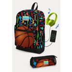Coral High Kids Siyah Basketbol Desenli Usbli 2Li Okul Canta Seti - Erkek Cocuk