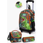 Coral High Kids Siyah Gri Dinozor Desenli Çekçekli 3'lü Çanta Seti GOSET0123944 - İlköğretim Okul Çantası
