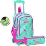 Coral High Kids Su Yeşili Neon Pembe Flamingo Desenli Çekçekli Çanta Seti (Çanta-Kalemlik) Kalemlik