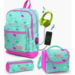 Coral High Kids Su Yeşili Neon Pembe Flamingo Desenli Usb'li 3’lü Okul Çanta Seti 23275 Okul Çanta