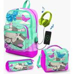 Coral High Kids Su Yeşili Pembe Kedi Desenli Usb'li 3’lü Okul Çanta Seti Set 23807 Okul Çanta