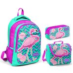 Coral High Kids Su Yeşili Pembe Simli Flamingo Desenli 3'lü Okul Çanta Seti - Kız Çocuk İlkokul Sırt Çantası