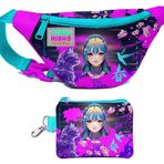 Coral High Kız Çocuk Mor Pembe Anime Kedi Desenli Bel Çantası ve Bozuk Para Cüzdanı Set