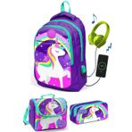 Coral High Kız Çocuk Mor Unicorn 3'lü Çanta Takımı USB Soketli Sırt Çantası