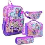 Coral High Kız Çocuk Pembe Mor Fashion Girl Desenli Ilkokul Okul Çanta Seti ve Bel Çantası - Mor - Turkuaz