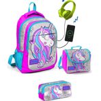 Coral High Kız Çocuk Pembe Unicorn 3'lü Çanta Takımı USB Soketli Sırt Çantası