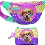 Coral High Kız Çocuk Sarı Pembe Sevimli Köpek Desenli Bel Çantası ve Bozuk Para Cüzdanı Set