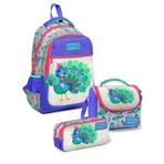 Coral High Kiz Uc Bolmeli Okul Sirt Cantasi Beslenme Cantasi Ve Kalemlik Seti Mavi Yesil Tavuskusu