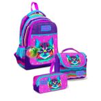 Coral High Kiz Uc Bolmeli Okul Sirt Cantasi Beslenme Cantasi Ve Kalemlik Seti Mor Pembe Kedi