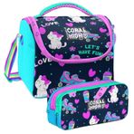 Coral High Lacivert Pembe Kedili Desenli Kiz Cocuk Isi Yalitimli Beslenme Cantasi Ve Kalemlik Seti