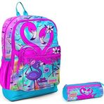 Coral High Mavi Pembe Flamingo USB Soketli Kız Çocuk Çok Renkli Okul Çantası ve Kalemlik Seti