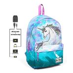 Coral High Mavi Yeşil Unicorn Desenli Sırt Çantası - Okul e Günlük - Usb+aux Soketli Okul Çantası