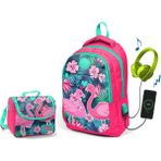 Coral High Narçiçeği Flamingo Okul ve Beslenme Çantası - Kız Çocuk - USB Soketli - Kırmızı Flamingo