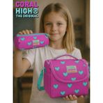 Coral High Neon Pembe Su Yeşili Kalp Desenli Üç Bölmeli Kalem Çantası ve Thermo Beslenme Çantası