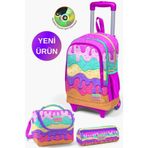 Coral High Okul Çantası Pembe Rengarenk Dondurma Desenli Çekçekli 3'lü Çanta Seti, Orta, GOSET01K121.1, Pembe Rengarenk Dondurma, kız-çocuk