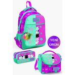 Coral High Okul Çantası Pembe Su Yeşili Kedi Desenli 3'lü Set, Orta, GOSET01K124, Pembe Su Yeşili Kedi, üniseks-çocuk