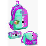 Coral High Okul Çantası Pembe Yeşil Kedi Desenli 3'lü Set 27x38x14 cm, Orta, SET01K124, Pembe Yeşil, kız-çocuk