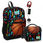 Coral High Okul Çantası ve Beslenme Çantası Seti - Erkek Çocuk Siyah Turuncu Basketbol - USB Soketli
