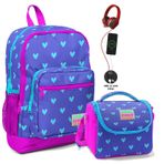 Coral High Okul Çantası ve Beslenme Çantası Seti - Kız Çocuk Pembe Lavanta Kalp - USB Soketli