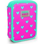Coral High Organizer İki Katlı Kalem Çantası - Yeşil Pembe Kalp Desenli, Kız Çocuk, Yeşil Pembe Kalp Desenli