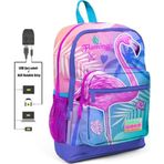 Coral High Pembe Mavi Flamingo Baskılı Kız Çocuk Usb ve Aux Soketli İlkokul ve Günlük Sırt Çantası