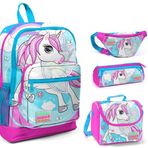 Coral High Pembe-Mavi Unicorn Baskili Kiz Cocuk 4'Lu Ilkokul Canta Seti