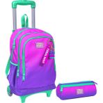 Coral High Pembe Mor Renk Geçişli Işıklı Tekerlekli Çekçek Çanta ve Kalemlik Seti - Kız Çocuk - Pembe - Mor