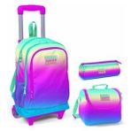 Coral High Pembe - Yeşil - Mavi Kız Çocuk Çekçek Çanta Seti - Işıklı Tekerlekler