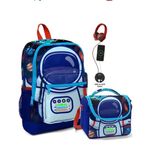Coral High PZM1754 Okul Çantası ve Termal Beslenme Çanta Seti - Erkek Çocuk Mavi Astronot USB ve AUX Çıkışlı Okul Çantası