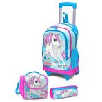 Coral High SET0123911 Kids Mavi Neon Pembe Unicorn Desenli Çekçekli 3’lü Okul Çanta Seti