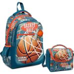 Coral High Üç Gözlü Ilkokul Çantası ve Beslenme Çantası - Nefti Turuncu Basketbol Desenli - Erkek Çocuk - Yeşil - Turuncu