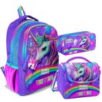 Coral High Üç Gözlü İlkokul ve Ortaokul Çanta Seti Kız Çocuk Mor Simli Unicorn Desenli Sırt Çantası Polyester Fermuarlı