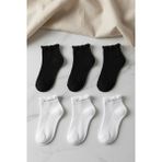 Çorap Kurdu 6'lı Kadın Fırfırlı Kısa Patik Çorap Set - 36 - 42 - Siyah - Beyaz