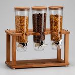 Cornflakes aleti Üçlü Tahıl Dispenseri, Ahşap Standlı, Şeffaf Plastik Konteyner, Gümüş Çevirme Kollu, Mutfak İçin