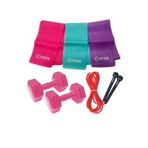 Cosfer 3 Lü Pilates Bandı, Jimnastik 3lü Plates Lastiği 120x7.5 Cm + Atlama Ipi + 1 Kg 2* Adet Dambıl Seti