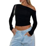 Cosiki Kadın Tek Omuz Uzun Kollu Üst Günlük Asimetrik Dar Kesim Tişört Çok Yönlü Kırpılmış Moda Saf Renk Günlük (XL)