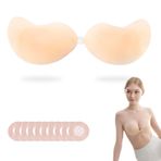 Cosmeria Push Up yapışkanlı sütyen, ultra ince silikon sütyen, askısız ve sırtsız, görünmez yapışkan sütyen, kadınlar için, 5 çift göğüs ucu kılıfı dahil (B), Buğday rengi, L