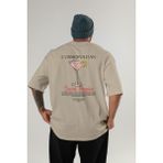 Cosmopolıtan Kokteyl Baskılı Oversize T-Shirt Erkek Kadın %100 Pamuk Bisiklet Yaka Tişort - Bej