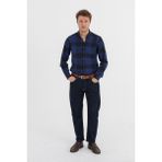 Cosplay Erkek Slim Fit %100 Pamuk Kareli Damalı Cepsiz Uzun Kollu Gömlek - Saks - XL