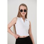 Cosy&Chic Kadın Beyaz Polo Yaka Kolsuz Fitilli Crop Bluz